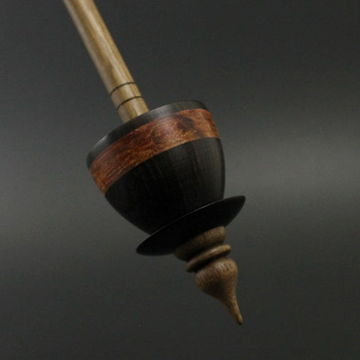 Teacup spindle in Indian ebony, hand dyed maple burl, and walnut