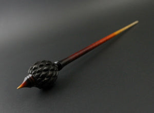 Dragon egg bead spindle in Indian ebony and hand dyed curly maple