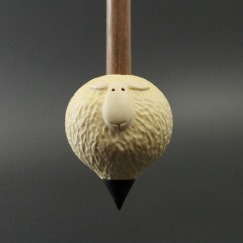 Sheep support spindle in holly and walnut