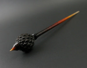 Dragon egg bead spindle in Indian ebony and hand dyed curly maple