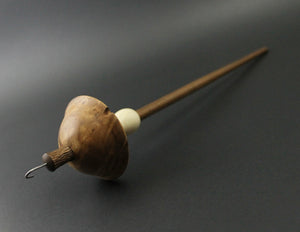 Mushroom drop spindle in maple burl, curly maple, and walnut