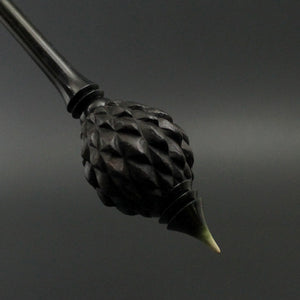 Dragon egg bead spindle in Indian ebony and hand dyed curly maple