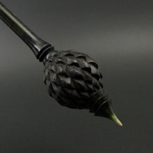 Load image into Gallery viewer, Dragon egg bead spindle in Indian ebony and hand dyed curly maple