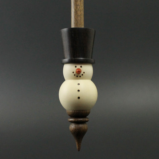 Snowman support spindle in holly, Indian ebony, and walnut