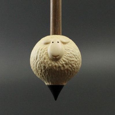 Sheep support spindle in holly and walnut