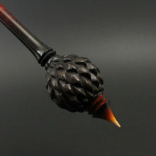 Load image into Gallery viewer, Dragon egg bead spindle in Indian ebony and hand dyed curly maple