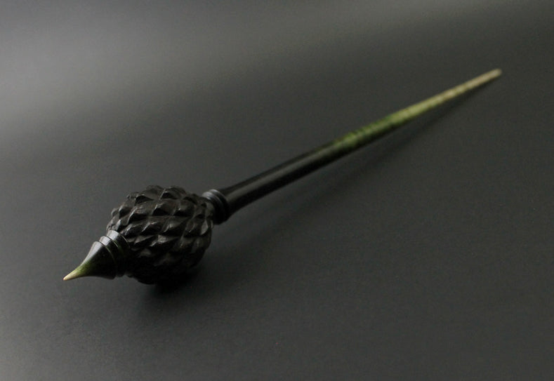 Dragon egg bead spindle in Indian ebony and hand dyed curly maple