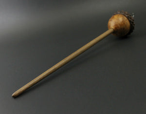 Acorn drop spindle in hand dyed maple burl and walnut