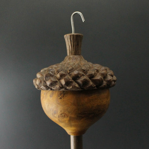 Acorn drop spindle in hand dyed maple burl and walnut