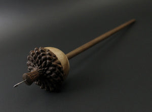 Acorn drop spindle in maple burl and walnut