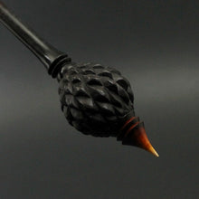 Load image into Gallery viewer, Dragon egg bead spindle in Indian ebony and hand dyed curly maple