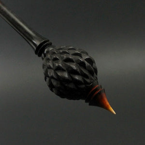 Dragon egg bead spindle in Indian ebony and hand dyed curly maple