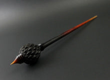 Load image into Gallery viewer, Dragon egg bead spindle in Indian ebony and hand dyed curly maple