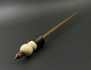 Snowman support spindle in holly, Indian ebony, and walnut