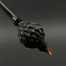 Load image into Gallery viewer, Dragon egg bead spindle in Indian ebony and hand dyed curly maple (&lt;font color=&quot;red&quot;&lt;b&gt;RESERVED&lt;/b&gt;&lt;/font&gt; for Amber)