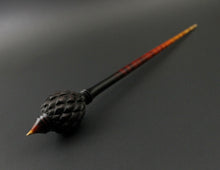 Load image into Gallery viewer, Dragon egg bead spindle in Indian ebony and hand dyed curly maple (&lt;font color=&quot;red&quot;&lt;b&gt;RESERVED&lt;/b&gt;&lt;/font&gt; for Amber)