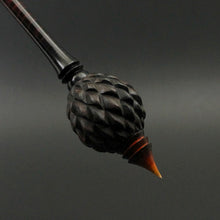 Load image into Gallery viewer, Dragon egg bead spindle in Indian ebony and hand dyed curly maple