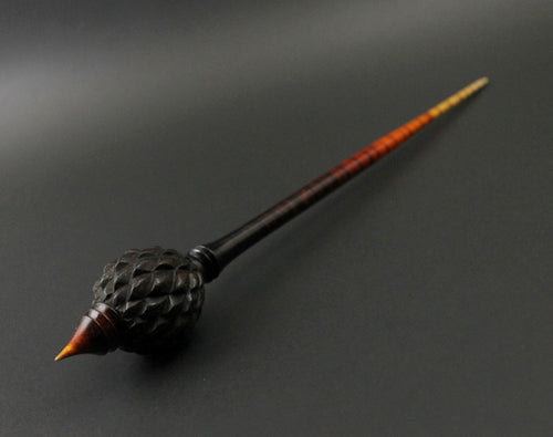 Dragon egg bead spindle in Indian ebony and hand dyed curly maple