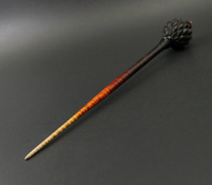 Dragon egg bead spindle in Indian ebony and hand dyed curly maple