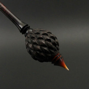 Dragon egg bead spindle in Indian ebony and hand dyed curly maple