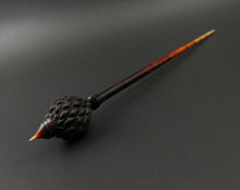 Load image into Gallery viewer, Dragon egg bead spindle in Indian ebony and hand dyed curly maple