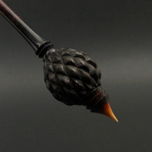 Load image into Gallery viewer, Dragon egg bead spindle in Indian ebony and hand dyed curly maple