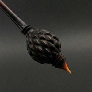 Dragon egg bead spindle in Indian ebony and hand dyed curly maple