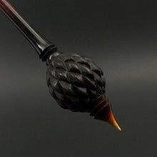 Load image into Gallery viewer, Dragon egg bead spindle in Indian ebony and hand dyed curly maple