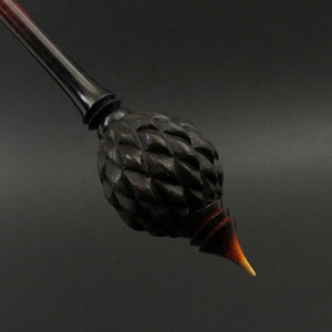 Dragon egg bead spindle in Indian ebony and hand dyed curly maple