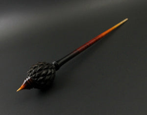 Dragon egg bead spindle in Indian ebony and hand dyed curly maple