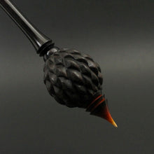 Load image into Gallery viewer, Dragon egg bead spindle in Indian ebony and hand dyed curly maple