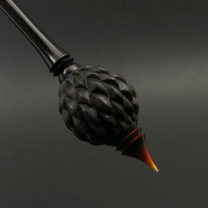 Dragon egg bead spindle in Indian ebony and hand dyed curly maple