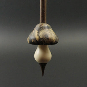 Mushroom support spindle in buckeye burl, holly, and walnut