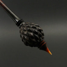 Load image into Gallery viewer, Dragon egg bead spindle in Indian ebony and hand dyed curly maple