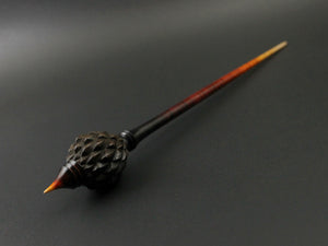 Dragon egg bead spindle in Indian ebony and hand dyed curly maple