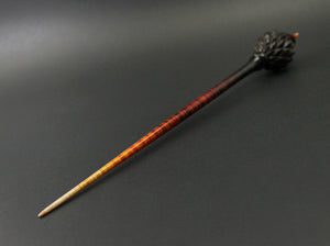 Dragon egg bead spindle in Indian ebony and hand dyed curly maple