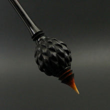 Load image into Gallery viewer, Dragon egg bead spindle in Indian ebony and hand dyed curly maple