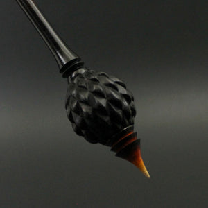 Dragon egg bead spindle in Indian ebony and hand dyed curly maple