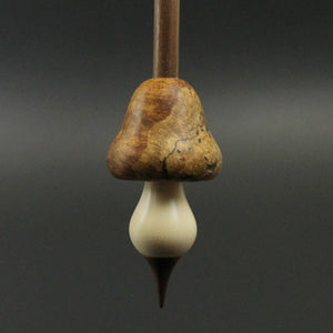 Mushroom support spindle in amboyna burl, holly, and walnut