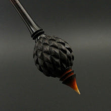 Load image into Gallery viewer, Dragon egg bead spindle in Indian ebony and hand dyed curly maple