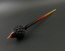 Load image into Gallery viewer, Dragon egg bead spindle in Indian ebony and hand dyed curly maple