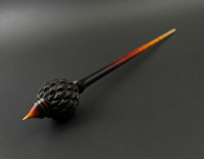 Dragon egg bead spindle in Indian ebony and hand dyed curly maple