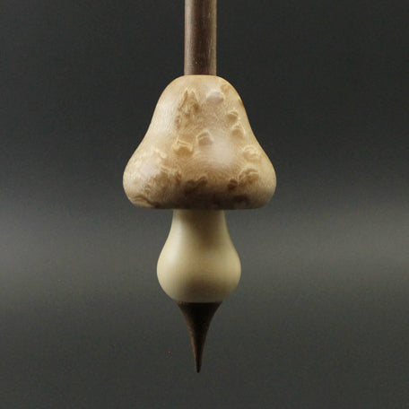 Mushroom support spindle in birdseye maple, holly, and walnut