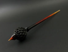 Load image into Gallery viewer, Dragon egg bead spindle in African blackwood and hand dyed curly maple