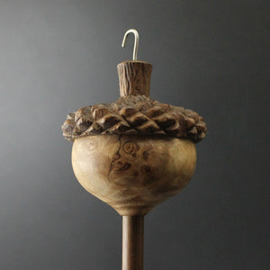 Acorn drop spindle in maple burl and walnut