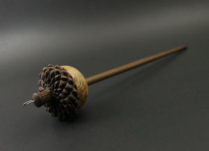 Acorn drop spindle in maple burl and walnut