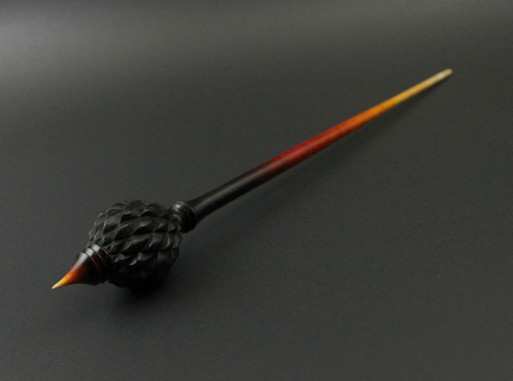 Dragon egg bead spindle in African blackwood and hand dyed curly maple
