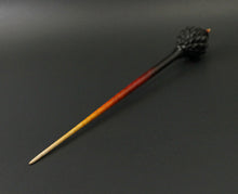 Load image into Gallery viewer, Dragon egg bead spindle in African blackwood and hand dyed curly maple