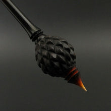 Load image into Gallery viewer, Dragon egg bead spindle in African blackwood and hand dyed curly maple (&lt;font color=&quot;red&quot;&lt;b&gt;RESERVED&lt;/b&gt;&lt;/font&gt; for Dana)