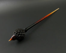 Load image into Gallery viewer, Dragon egg bead spindle in African blackwood and hand dyed curly maple (&lt;font color=&quot;red&quot;&lt;b&gt;RESERVED&lt;/b&gt;&lt;/font&gt; for Dana)